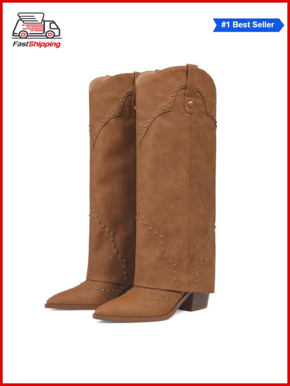 Cowgirl Knee High Western Boots Fold Over Pointed Toe Snip Toe Block Heel